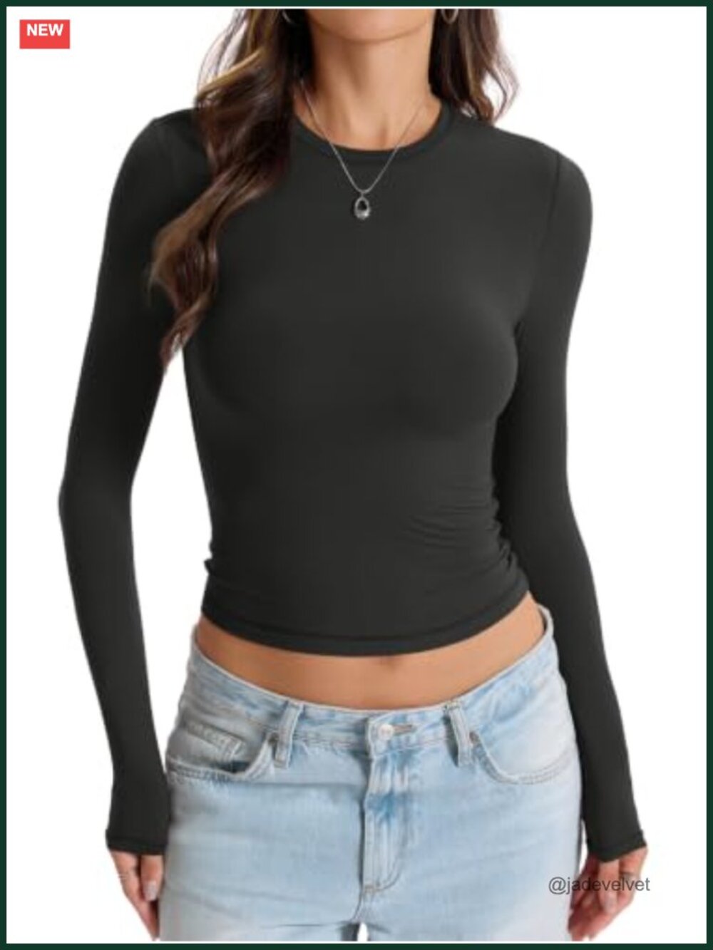 Double Lined Long Sleeve Crop Top Crew Neck Fitted Stretchable